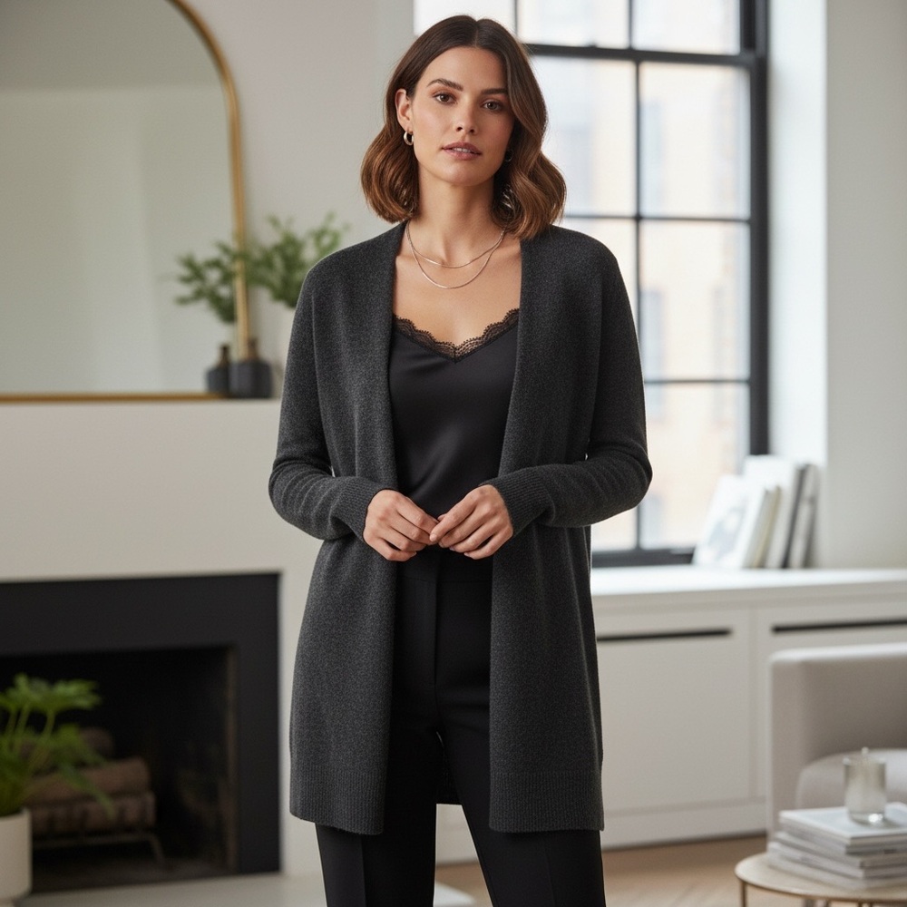 360 Cashmere Cozy 100% Cashmere Open Cardigan Gray Medium